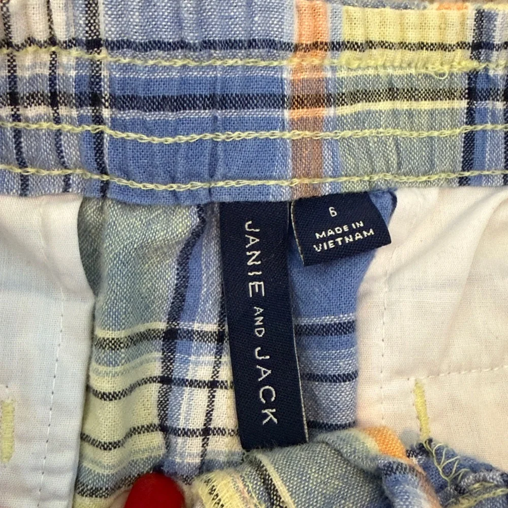 Janie & Jack Linen Plaid Pull Up Shorts, 6